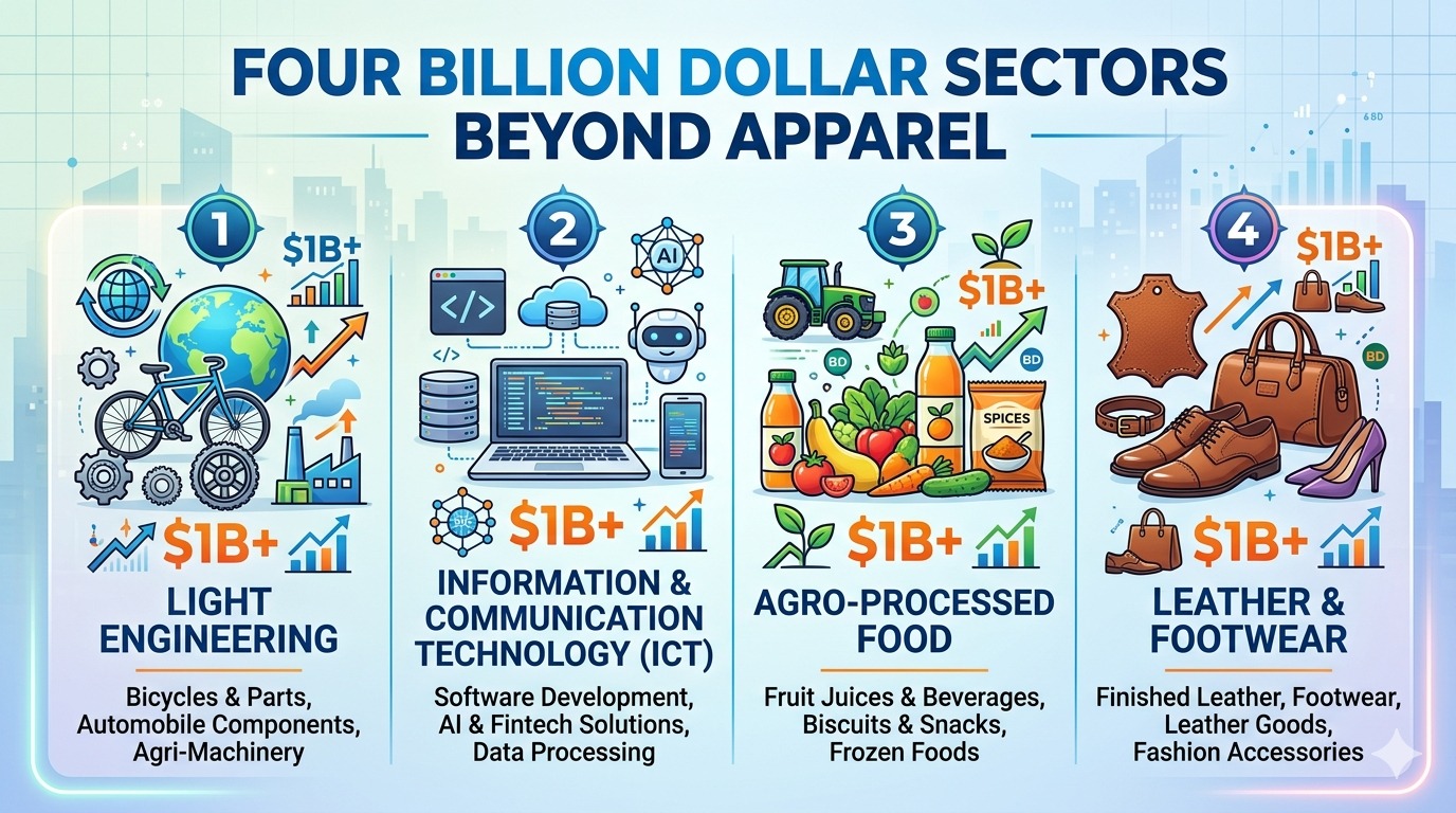 Four Billion Dollar Sectors Beyond Apparel Bangladesh’s economy has long been heavily reliant on the Readymade Garment (RMG) sector.